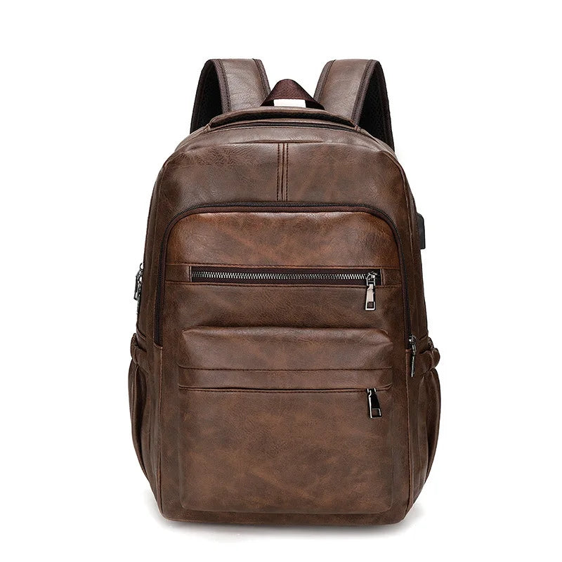Mochila Masculina de Couro Sintético com Carregamento USB para Laptop